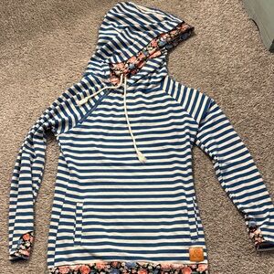 Striped Blue and White Hoodie with Floral Accents